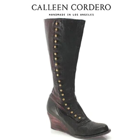 Calleen Cordero Knee High Boots 6.5 Black Brown Leather Brass Button Wedge Heel